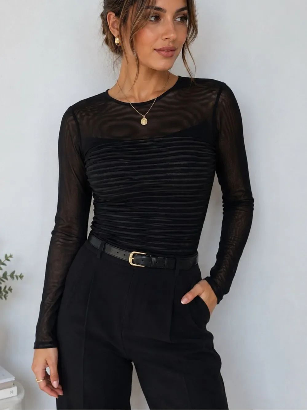 Ribkoff Trends Vintage Black Long Sleeve Mesh Blouse Top Size 14